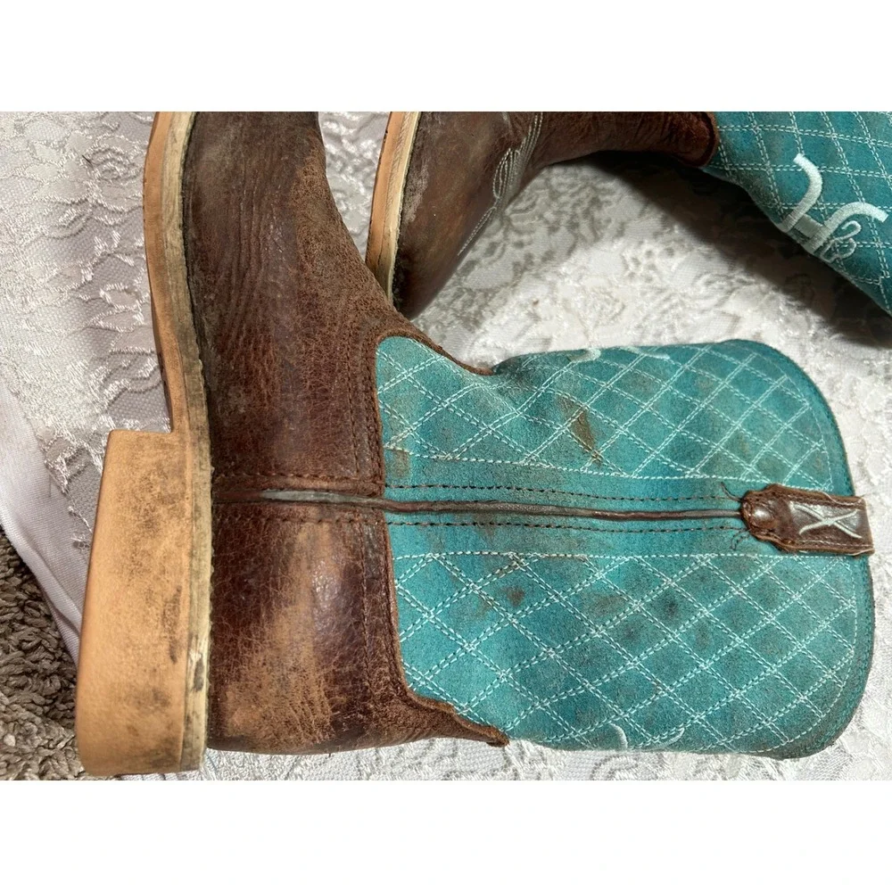 Twisted X Hooey Boot Brown Leather Teal Western Boots Kids 5 Rodeo Equestrian